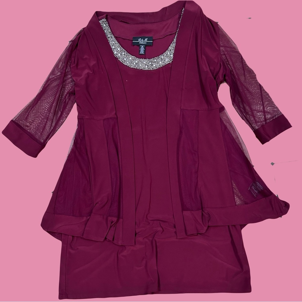 Elegant Burgundy Two-piece Dress with Sheer Sleeved Cardigan